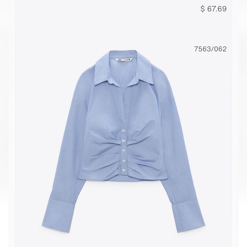 Zara Blue Pinstripe Ruched Front Button Shirt